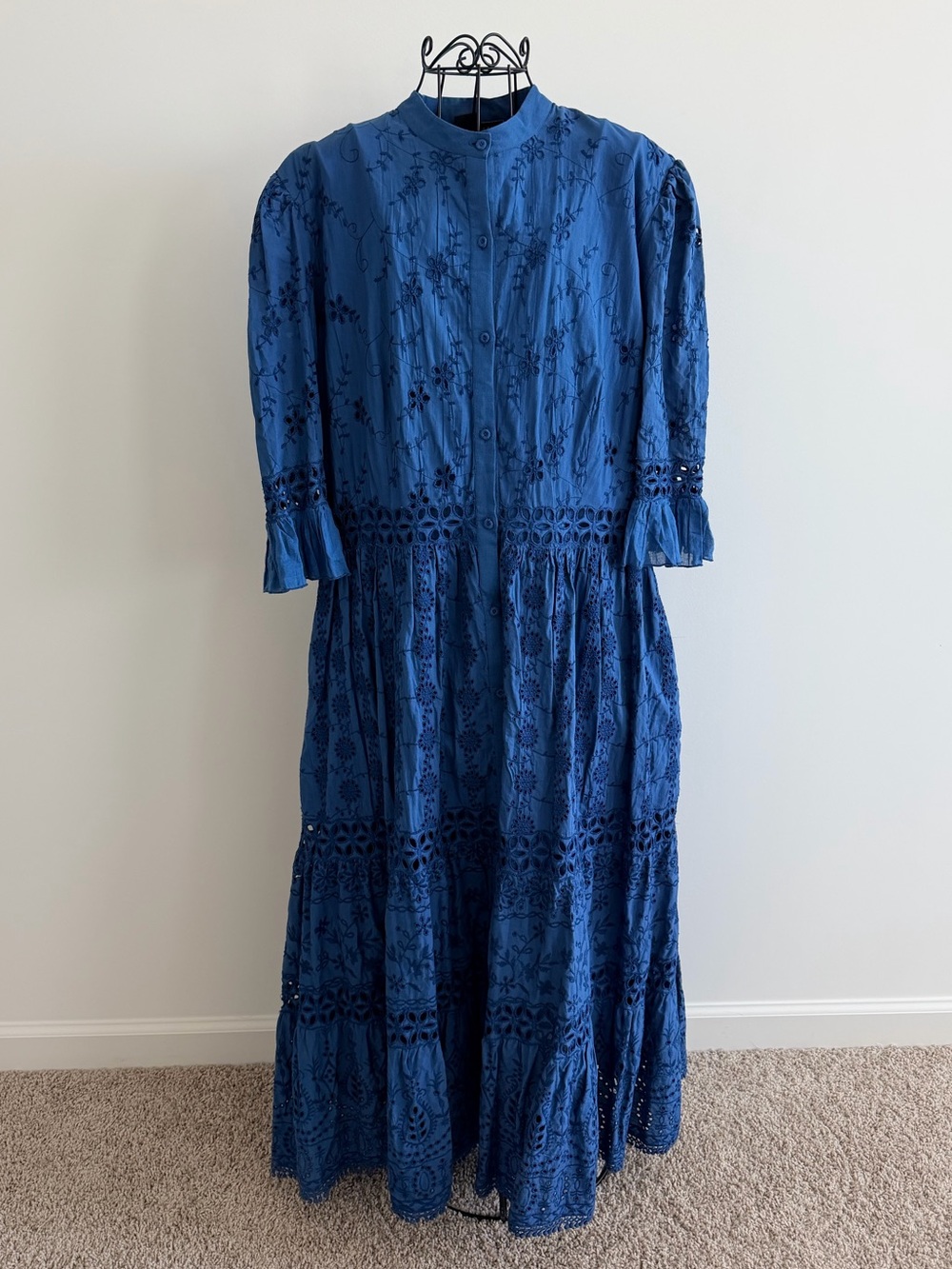 Embroidered Cobalt Blue Maxi Dress with Button Front